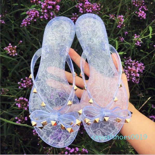 

new 2020 womans summer sandals rivets big bowknot flip flops beach sandalias femininas flat jelly designers sandals 3a c19, Black