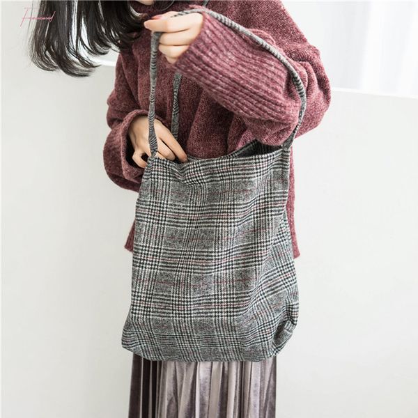 

women wool tote vintage plaid canvas shoulder bag female woolen cloth handbag simple eco shopping bag foldable soft grocery bags