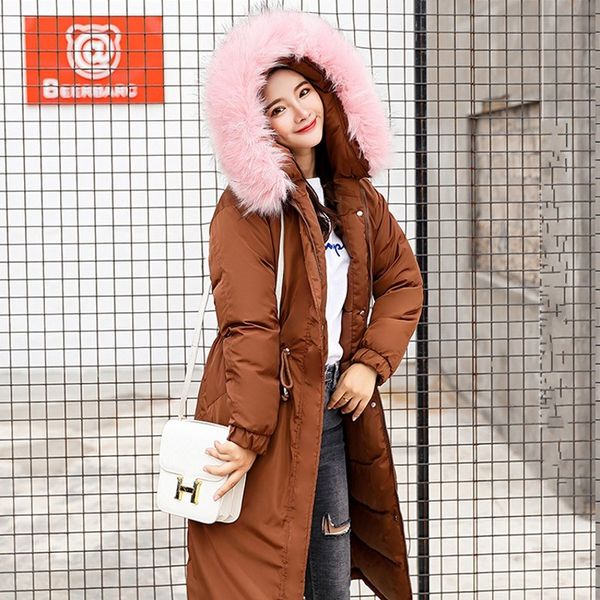 

winter new boyfriend style loose women long overcoat parka faux fur collar hooded thicken warm outwear jacket female parkas coat, Black