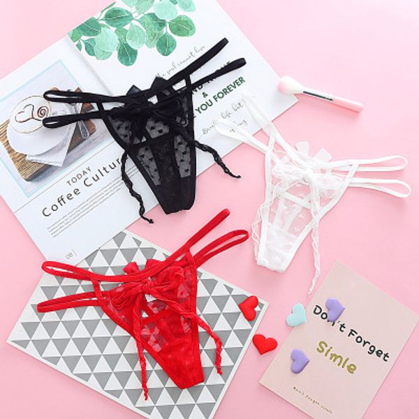 

comecase women's underwear, lace transparent low waist large size lace bow thong t pants, Red;black