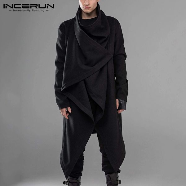 

incerun 2019 мужчины плащ пальто стиль punk с длинным рукавом водолазка streetwear твердая мужская мода куртки cape нерегулярные хем верхняя, Black;brown