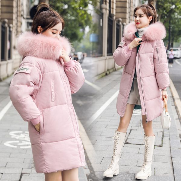 

2019winter женщины длинные куртки мода толстые теплый большой меховой воротник с капюшоном пальто куртки ветровки outwear ветровки cc30, Black