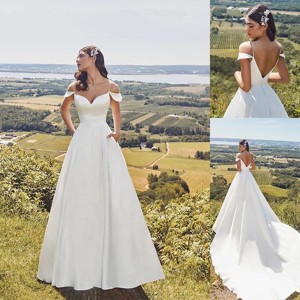 

2020 bohemian bridal dresses v neck beaded straps sleeveless wedding dress backless ruffle sweep train simple satin robes de mariÃ©e, White