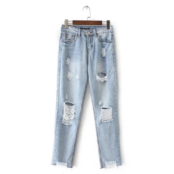 

casual elastic jeans women high waist skinny pencil blue denim pants ripped hole cropped slim fit skinny jeans women