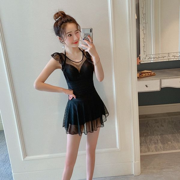 

female fairy fan ins belly-covering slim one-piece skirt dress swim swimsuit conservative spring swimming suit, White;black