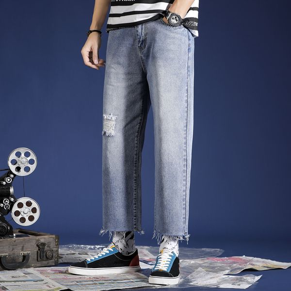 

spring summer 2019 designed man hole straight-leg jean men loose wide-legged denim pants washed male personal casual jeans, Blue