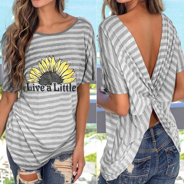 

сексуальная спинка витой подсолнечник печати полосатая одежда женские летние дизайнерские повседневные футболки круглый вырез с коротким рук, White