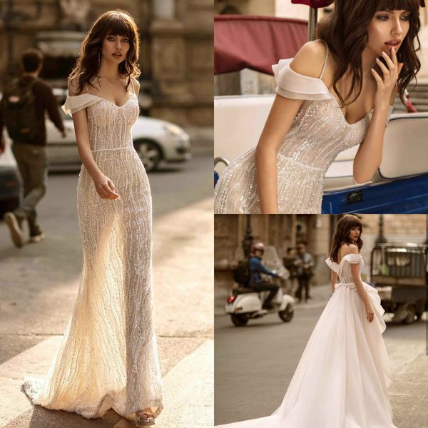 

berta 2020 mermaid wedding dresses with detachable train beading sequins bohemian sweep train beach wedding gowns spaghetti dress, White