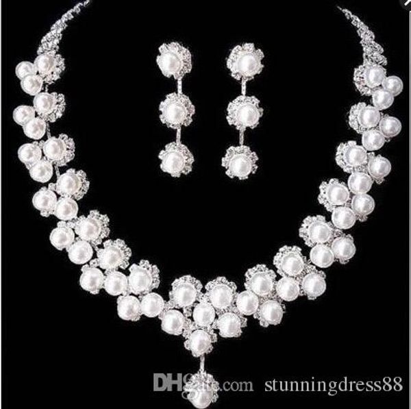 

2019 элегантный жемчуг две пьесы свадебные украшения 1 комплект серьги невесты ожерелье с шиком щепка кристалл свадеб аксессуары бесплатная, Silver