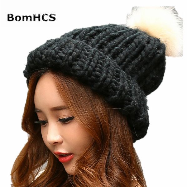 

bomhcs women's fashion winter warm false fur pompom beanie 100% handmade knitted hat cap, Blue;gray