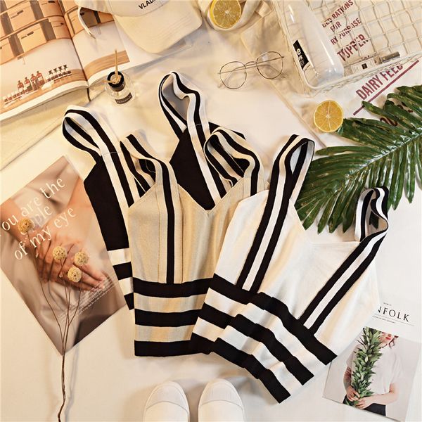 

ladies tank summer women fashion knitting stripe tank crop female knitted stretchy cropped camisole sleeveless short t shirts, White
