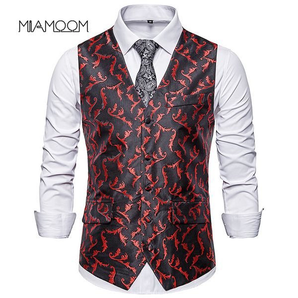 

miamoom mens sleeveless suit men's single breasted printed vest jacket mens waistcoat, Black;white