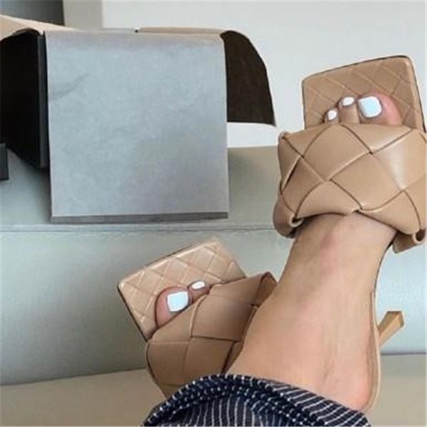 

2020 casual weaving high heel sandals women summer wedding party shoes women sqeare toe vintage runway mules slippers c13, Black