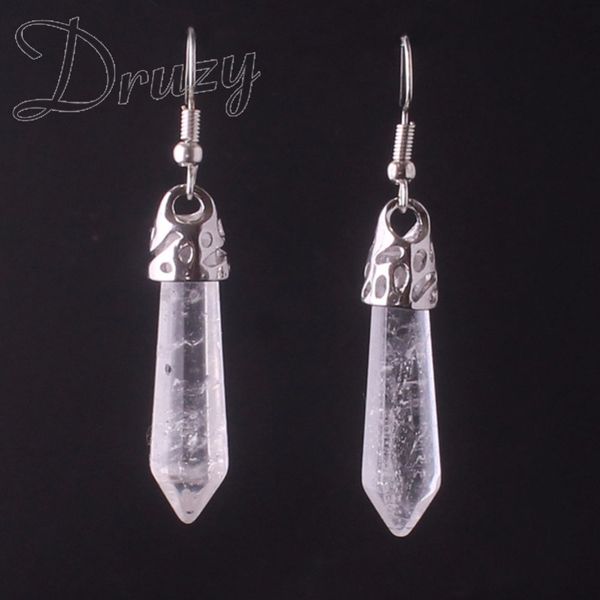 

6pair/lot roses quartz turquoises agates crystal natural stone hexagonal prism crystal earrings treat point healing jewelry free, Silver