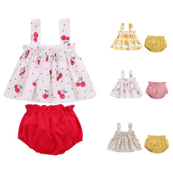 

summer newborn baby girl clothes set cotton mini dress + shorts/ bloomers lemon cherry printed for infant 0-24m clothing outfit, White