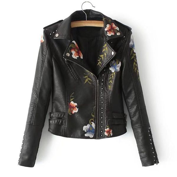 

new women's coat studded pu leather embroidered motorcycle jacket - ladies slim-fit embroidered flower short biker jacket coat, Black