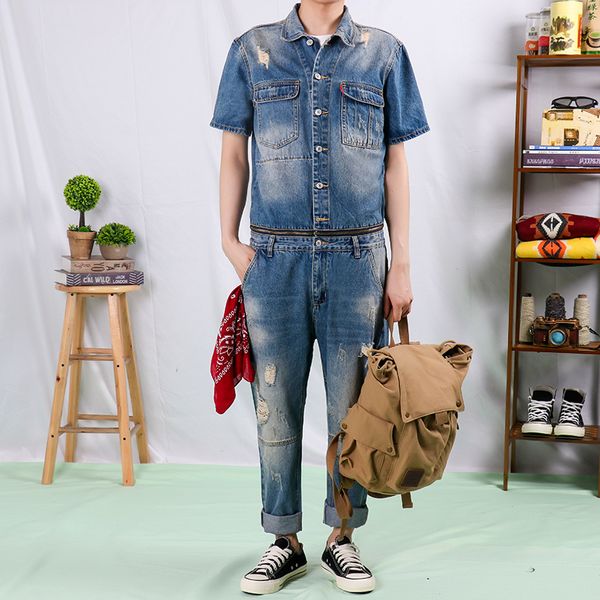 

2019 new retro brand fashion detachable men denim jumpsuit male one-piece suit men jeans men's denim overalls -2xl, Blue