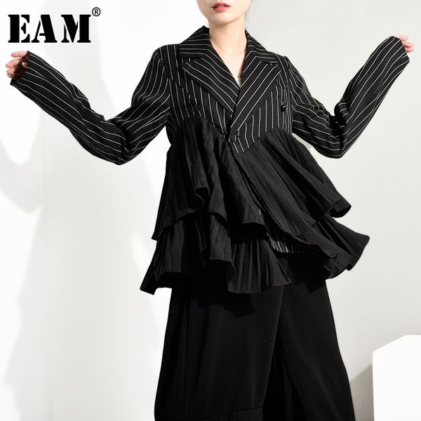 

eam] loose fit black striped pleated asymmetrical jacket new lapel long sleeve women coat fashion autumn winter 2019 jo2780, Black;brown