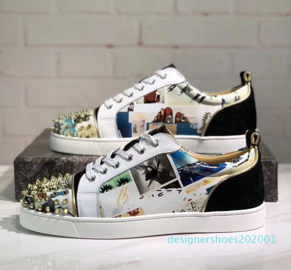 

19s wholesale r glitter leather fashion red bottom spikes sneakers for women,men casual walking luxury designer walking eu35-46 d01, Black