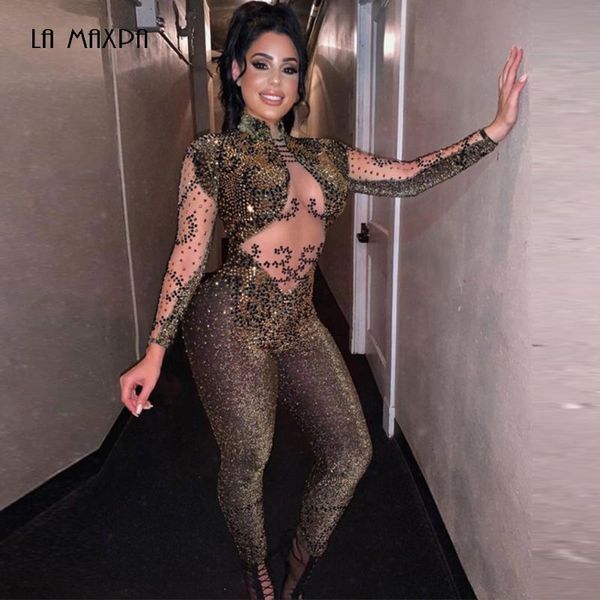 

2020 summer new beaded hollow print dj ds clothing high stretch dance jumpsuit fashion celebrity club party jumpsuit, Black;white