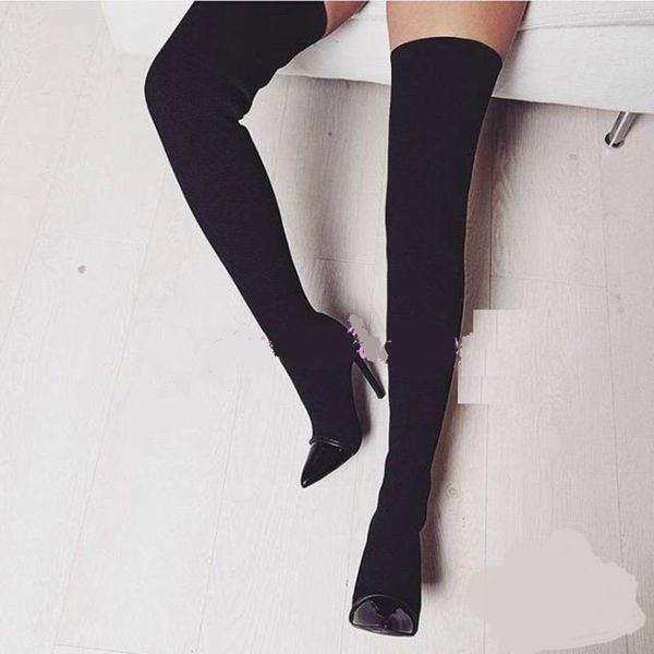 

2019 spring women over the knee 11cm high heels long boots spring satin sock stretch boots female girls knight thigh high shoes, Black