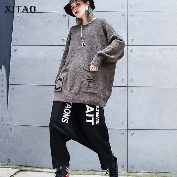 

xitao patch letter hole pocket sweater autumn winter clothes women loose korean style women knitwear lazy oaf pullover gcc2403, White;black