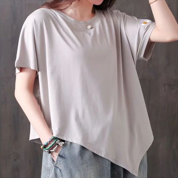 

2020 loose casual fashion t-shirt round collar cotton diagonal embroidery short-sleeved t-shirt female 2751, White
