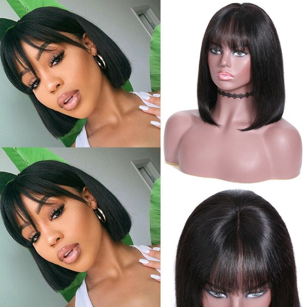 Lace Front Bob Style Wig Brazilian Remy Human Hair Short Bob With Bangs Fringe Glueless Natural 130 Density China Lace Wig Remy Hair Lace Wigs From