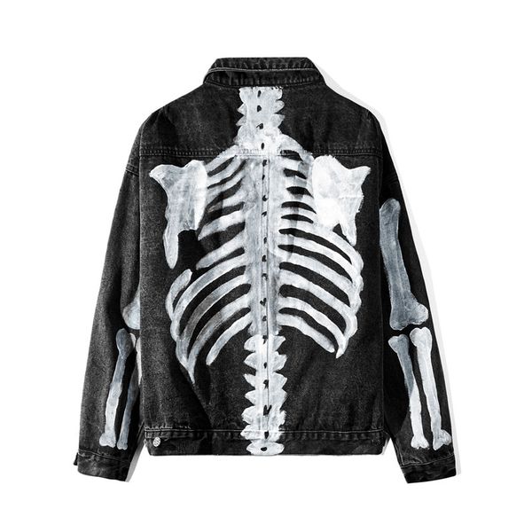

graffiti skeleton bones print denim jacket streetwear men hip hop punk rock denim jean coats fashioin casual jackets, Black;brown