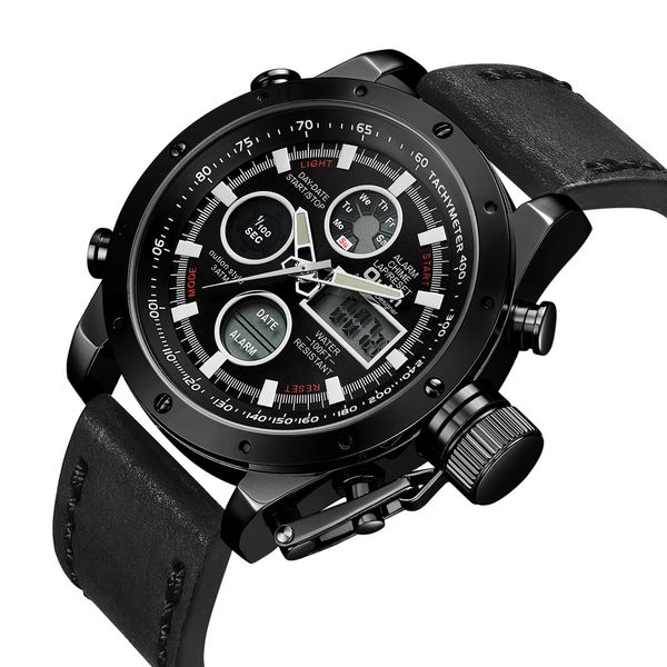 

мужская высокого качества кожаных ювелирных изделий мода электронные кварцевые водонепроницаемые часы multi-time zone display часы подарок с, Slivery;brown