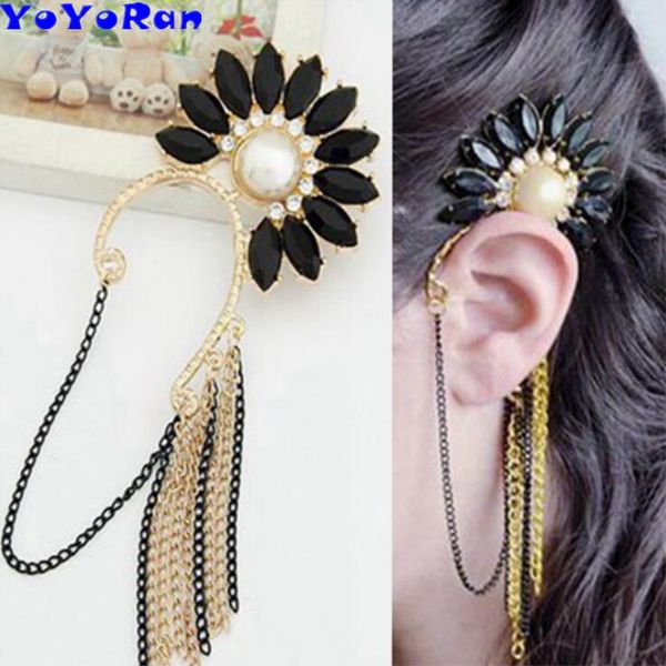 

1 piece crystal sunflower tassel chain ear cuff clip earrings woman rock punk single rhinestone flower chain ear hang jewelry, Silver