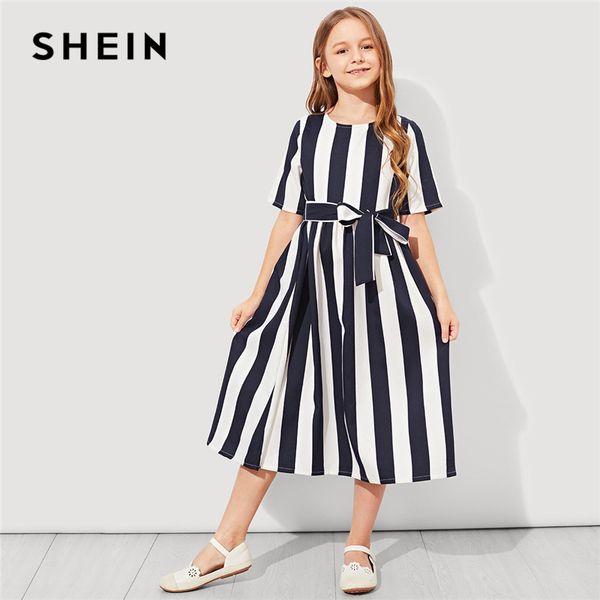 

shein girls tie waist button striped casual dress kids clothing 2019 spring korean short sleeve elegant a line girls dresses, Red;yellow