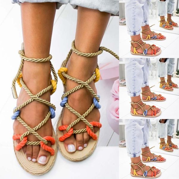 

vintage plus size rome sandals women summer slippers rope flat ankle lace lady shoes beach slippers open toe sandals, Black