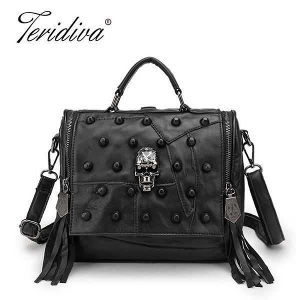 

teridiva genuine leather bag women handbag vintage patchwork sheepskin shoulder bags messenger bag rivet tassel punk skull purse