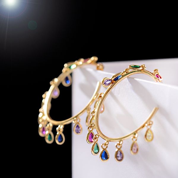

luxury corful zircon hoop earrings for women classic gold alloy metal wedding earrings ladies oorbellen, Golden;silver