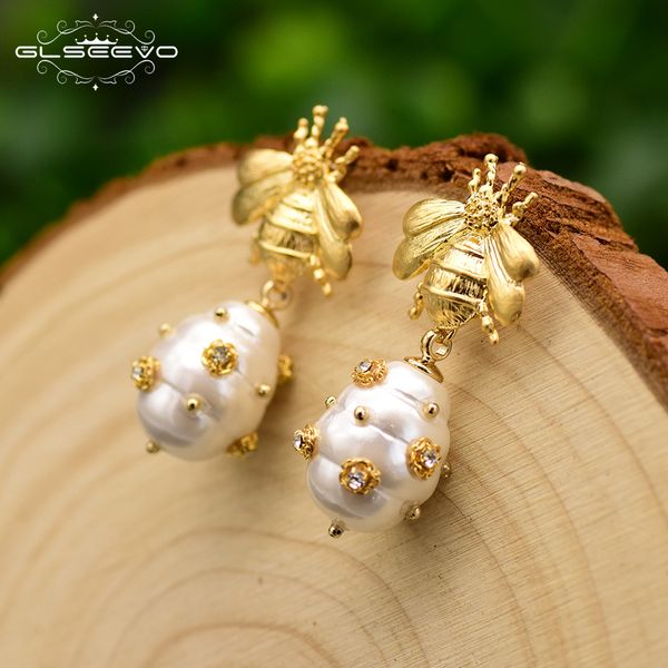 

glseevo original design natural shell beads drop earrings for women gift bee dangle earrings luxury fine jewlery ge0665 j190703, White;golden