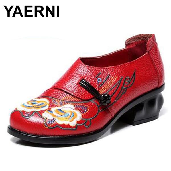 

yaerni vintage hand embroider women casual pumps slip on ladies genuine leather shoes high heel shoes women mary janes, Black