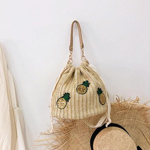 

ladies fashion pineapple print straw bucket bag shoulder messenger handbags women causal straw woven crossbody handle #17