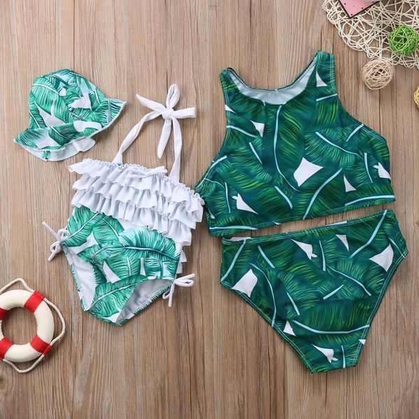 

summer kids baby girls mom palm leaves swimwear swimsuit bikini two-piece bathing suits green family matching beachwear