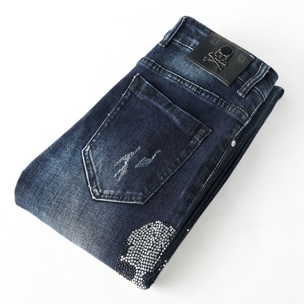 

men's big brand stretch jeans frayed embroidered skull rhinestones slim feet autumn and winter denim trousers men, Blue