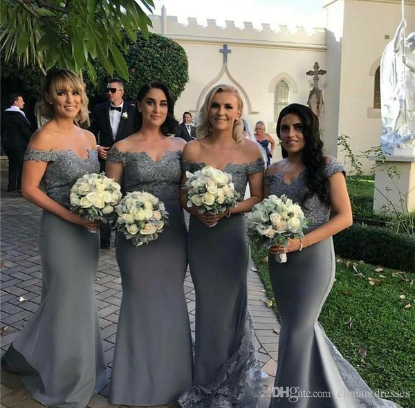 Cinza sereia damas de honra vestidos fora do ombro lace apliques comprimento do assoalho vestidos de honra da empregada plus tamanho vestido de convidado de casamento personalizado