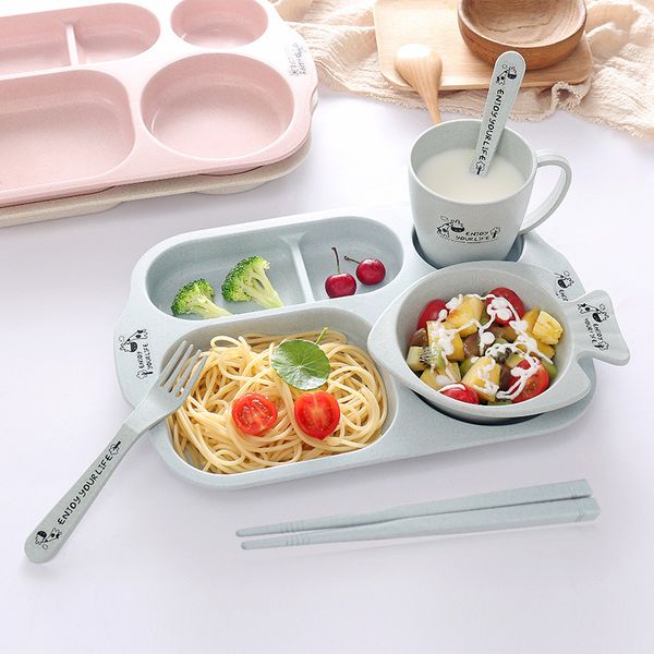 

with glass wheat straw children's dinner plate combination 6-piece set seperated students breakfast dish household partition tab