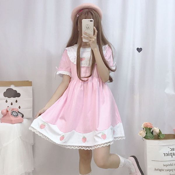 

lolita dress sweet strawberry cute japanese kawaii girls princess maid vintage gothic printed patterns lace pink summer skirt, Black;red