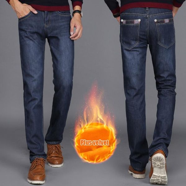 

новые мужчины зима термические джинсы брюки straight плюшевые мягкие теплые тонкий джинсовые брюки, Black