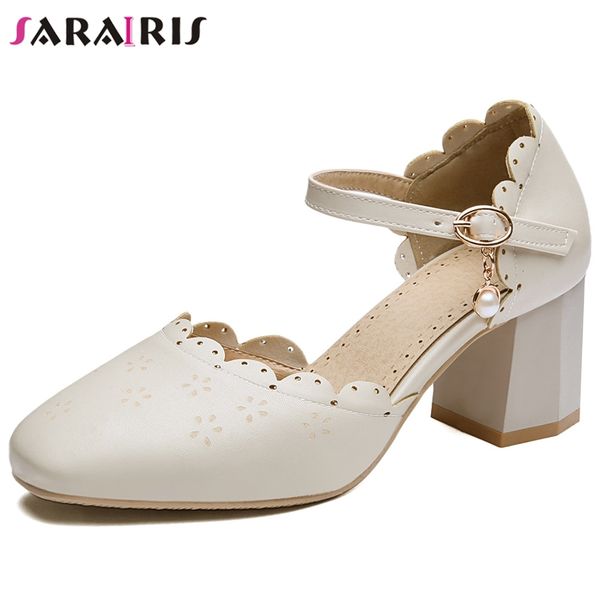 

sarairis sweet female square high heels sandals 2020 fashion spring summer sandals women pearl decoration shoes woman, Black