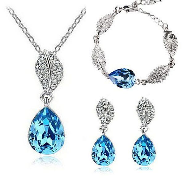 

2015 promotion fashion silver plated austrian crystal water drop necklace/stud earrings bracelet wedding jewelry sets