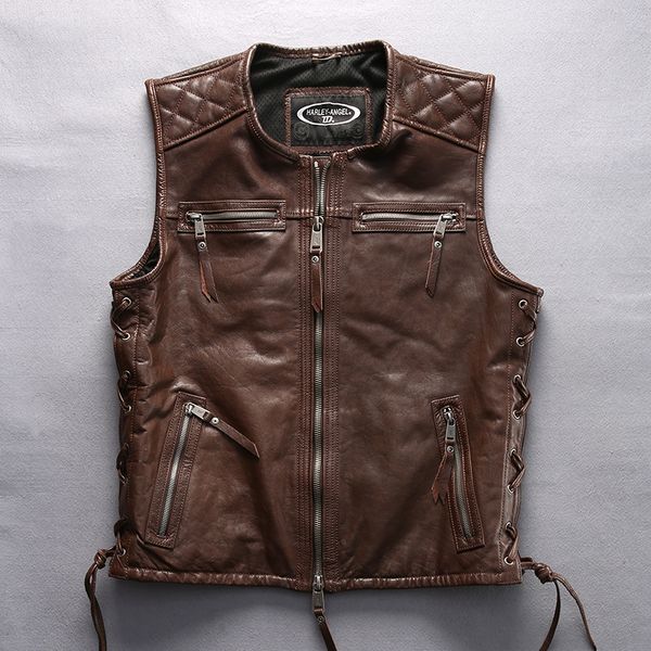 

мужская o-образным вырезом 2020 подлинная с буквенной вышивкой бренд рукавов мотоцикл кожаная куртка мужчины байкер жилет мужской, Black