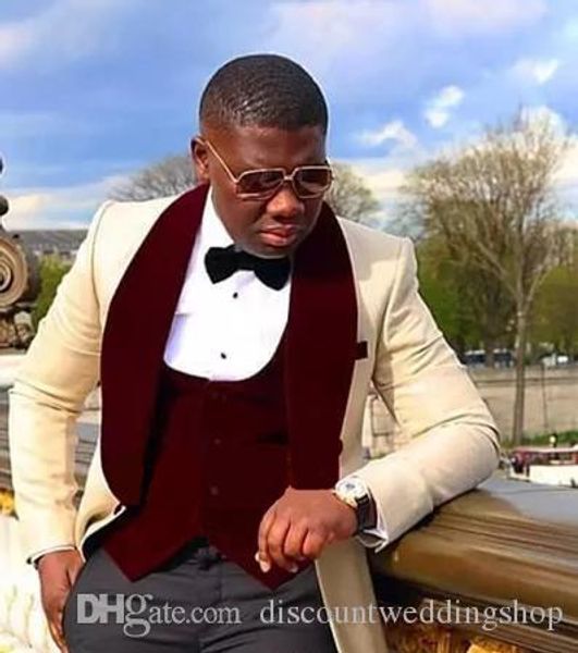

fashion champagne groom tuxedos wine velvet shawl lapel men wedding party dress 3 piecesb business suits (jacket+pants+vest+tie) k56, Black;gray
