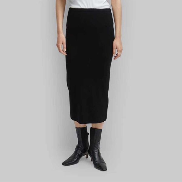 

women solid color skirt autumn winter elastic woolen slim midi skirt, Black