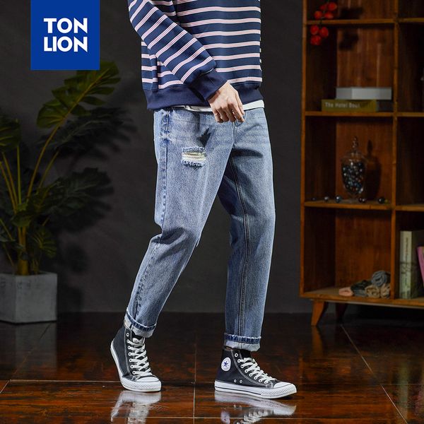 

tonlion light blue straight полная длина джинсы мужчины моды hole джинсовые брюки mens casual elastic сыпучие 2020 spring autnmn pant new